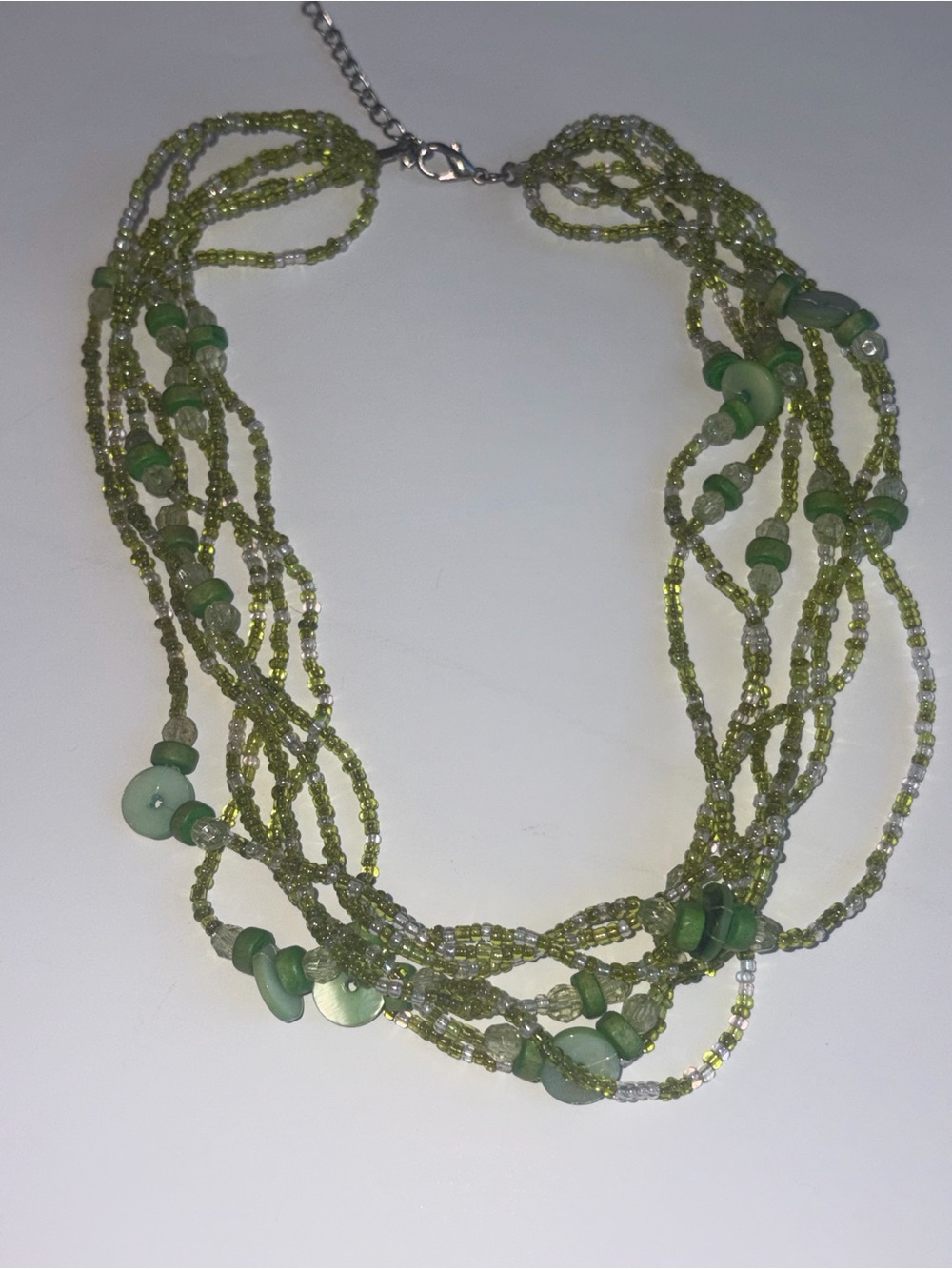 Vintage Green Multi Strand Seed Bead Shell Statement Necklace Boho